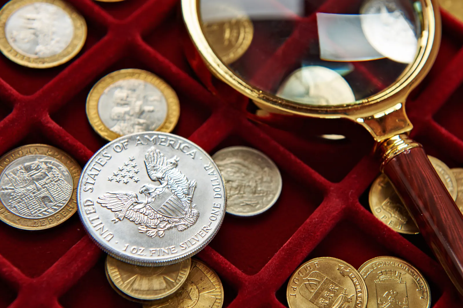 Numismatist examining a silver dollar with a magnifying glass over a tray of coins