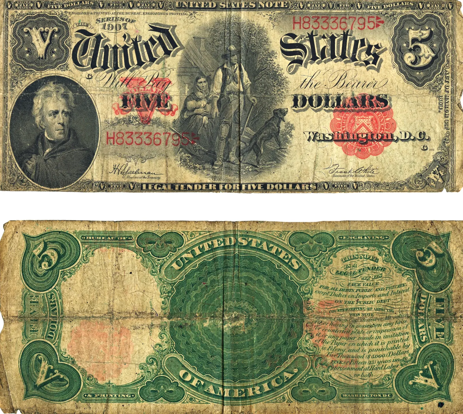 Vintage US five dollar bill, close-up of currency detail