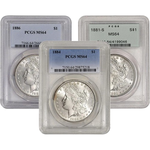 Three graded Morgan Silver Dollars in PCGS holders, examples of collectible coins evaluated by Coin Buyers in Arlington.
