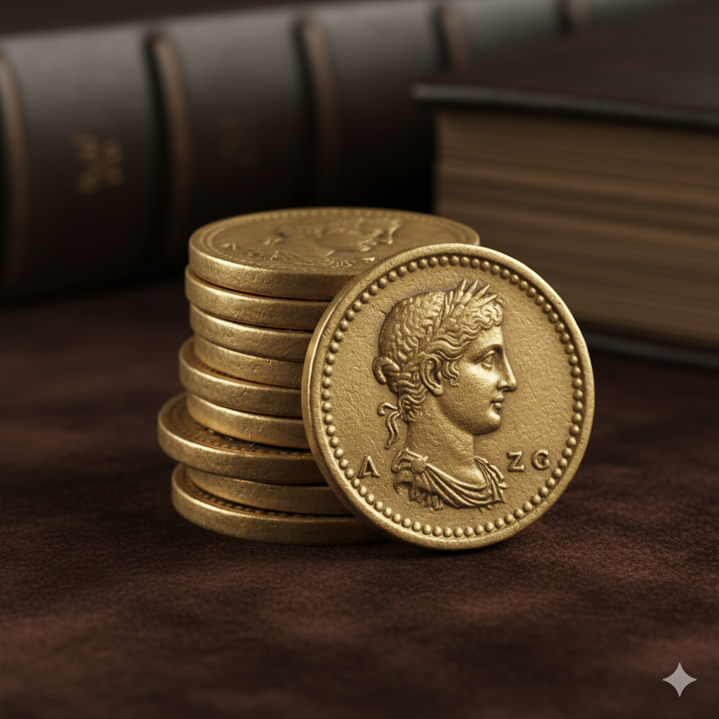 A small stack of ancient gold coins beside leather-bound books, symbolizing historical treasures often sought by Coin Buyers in Arlington.